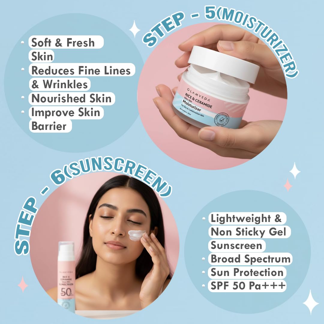Glamveda Korean Rice & Ceramide 6 Step Skincare Kit for Women | Face Wash, Toner, Face Serum, Moisturiser, SPF 50 PA+++ Sunscreen & Under-Eye Cream | Hydrating, Barrier Repair & Glowing Skin Care Gift Set - Image 5