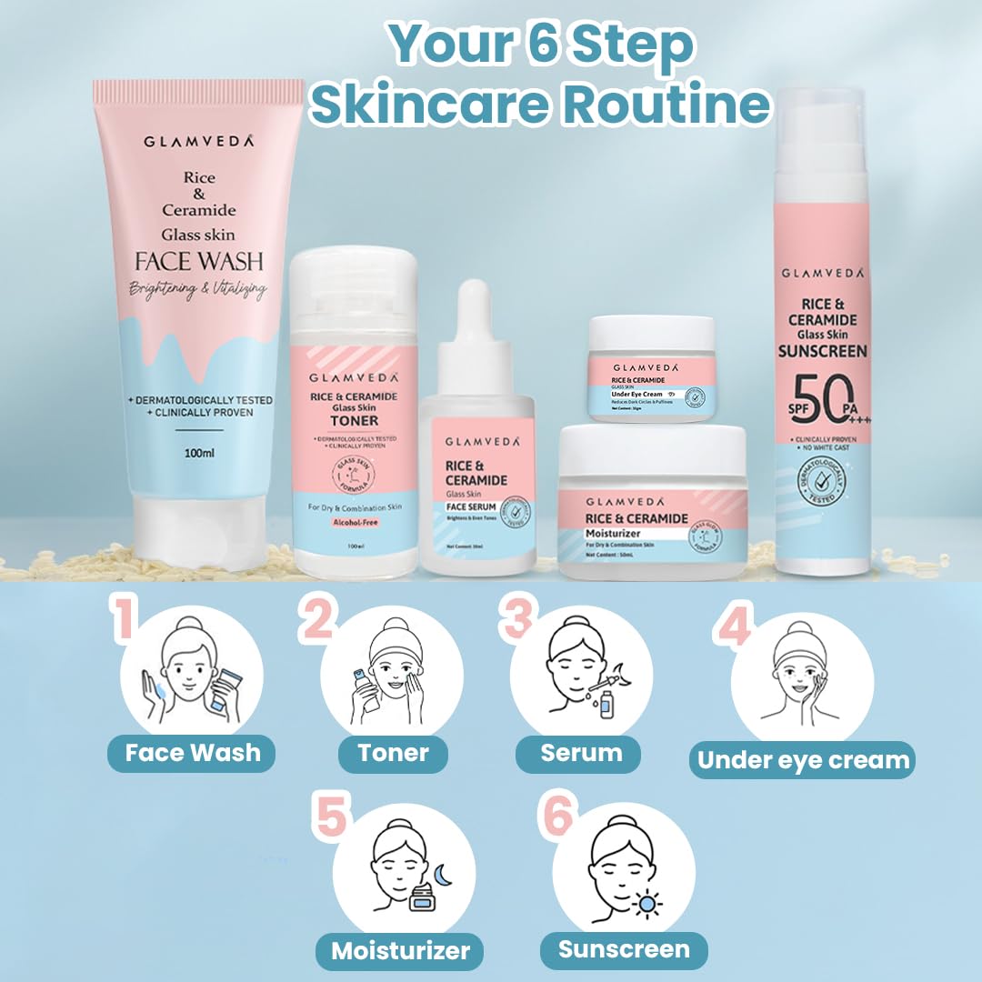 Glamveda Korean Rice & Ceramide 6 Step Skincare Kit for Women | Face Wash, Toner, Face Serum, Moisturiser, SPF 50 PA+++ Sunscreen & Under-Eye Cream | Hydrating, Barrier Repair & Glowing Skin Care Gift Set - Image 7